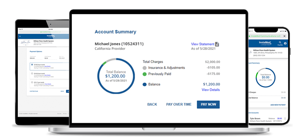 Personalized displays for patients to pay medical bills via mobile phone, laptop and tablet computer.