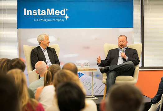 InstaMed CEO Bill Marvin, interviews Jamie Dimon, JPMorgan Chase Chairman & CEO, at event announcing JPMC's acquisition of InstaMed.