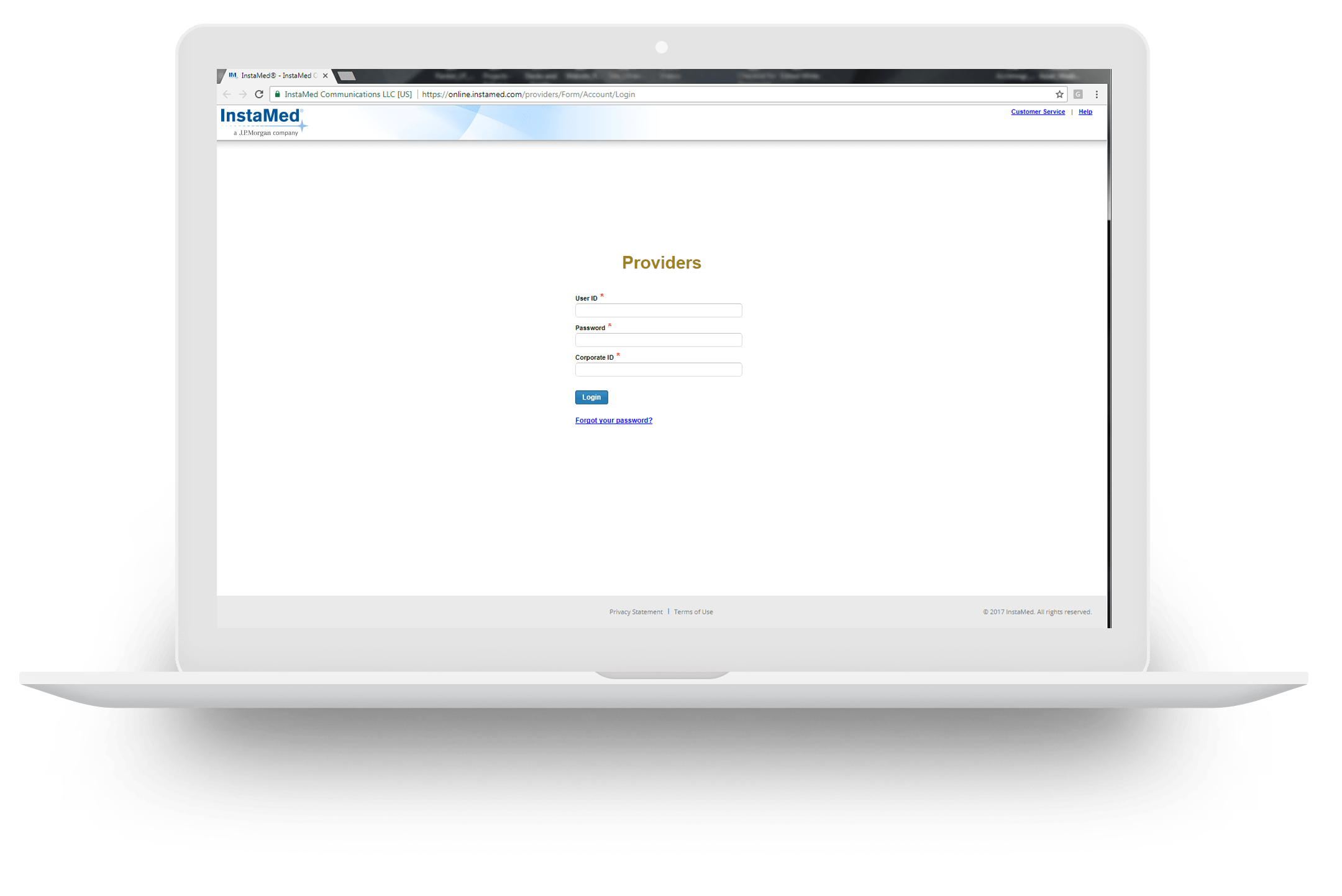 Laptop displaying InstaMed Online login screen