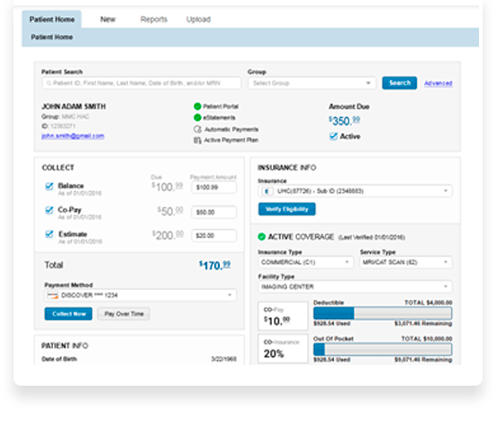 Patient Hub’s searchable dashboard with details for patient billing, payment and insurance coverage.