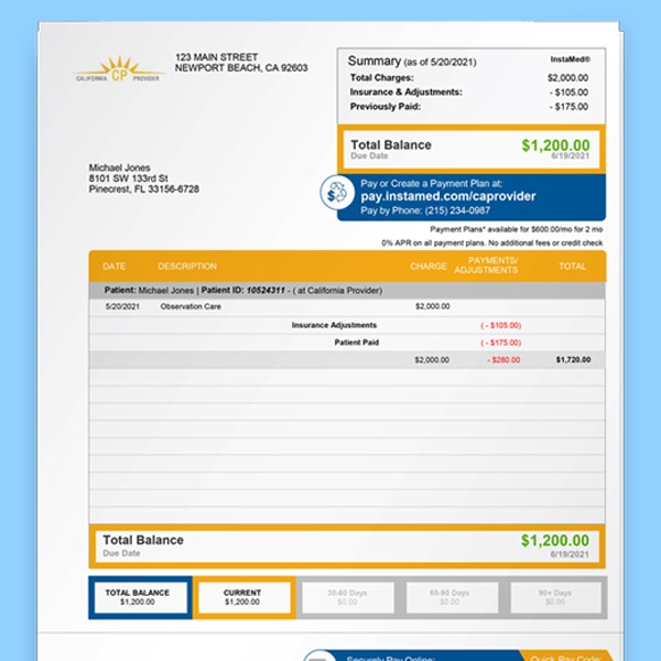 Example of an personalized, easy-to-ready patient bill from a healthcare provider.